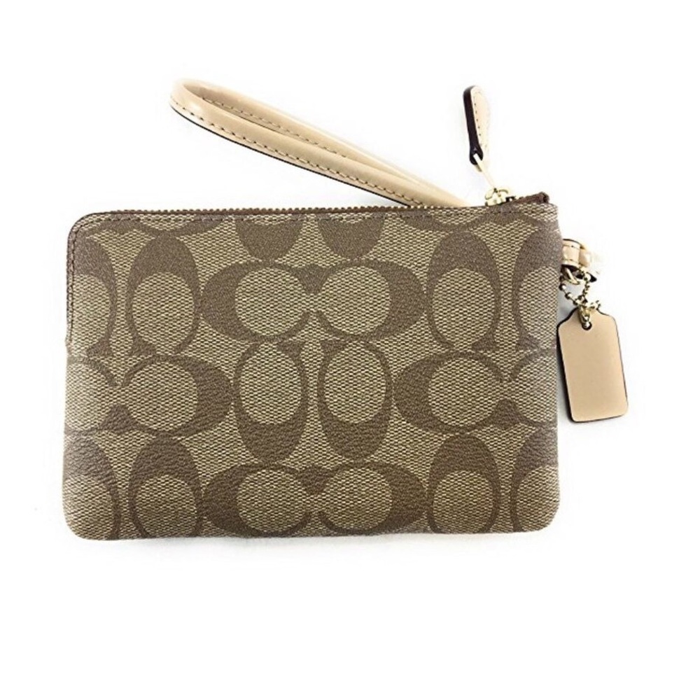 Coach Signature Leather Khaki/Platium Corner Zip Wristlet - Picture 3 of 6